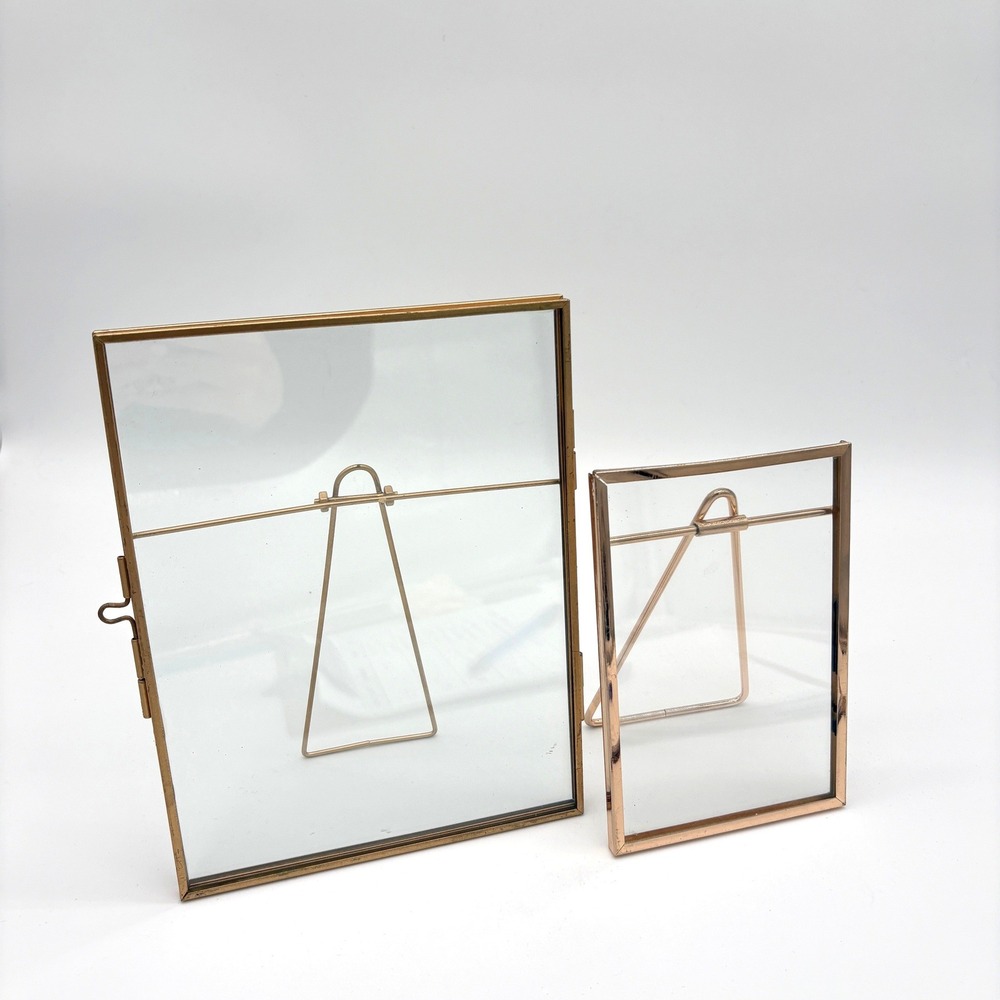 Vintage Brass Floating Glass Frame Set Gold Metal Minimalist Tabletop Decor 2pc
